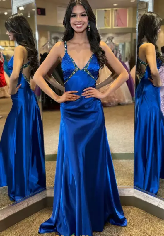 Fitted|Long Dresses^Jasz Couture Beaded V Neck Satin Long Dress 4321