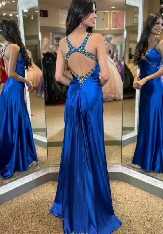 Fitted|Long Dresses^Jasz Couture Beaded V Neck Satin Long Dress 4321