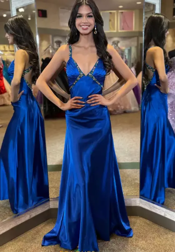 Fitted|Long Dresses^Jasz Couture Beaded V Neck Satin Long Dress 4321