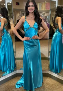Fitted|Long Dresses^Jasz Couture Beaded V Neck Satin Long Dress 4321
