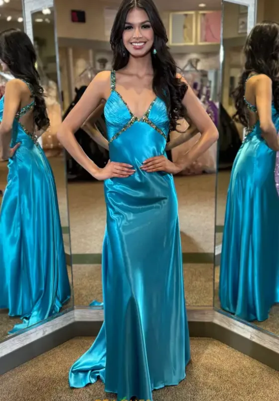 Fitted|Long Dresses^Jasz Couture Beaded V Neck Satin Long Dress 4321