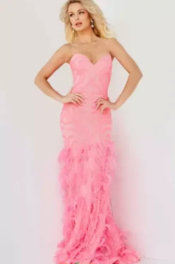 Mermaid|Long Dresses^Jovani Feather Mermaid Long Dress 07425 Hot Pink