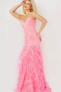 Mermaid|Long Dresses^Jovani Feather Mermaid Long Dress 07425 Hot Pink