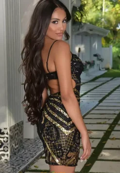 Short Homecoming Dresses|Wedding Guest^Jasz Couture Fitted Sequins Short Dress 1741 Black/Gold