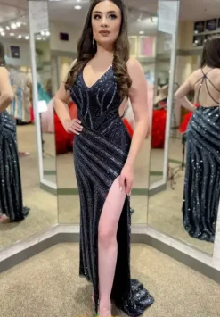 Fitted|Long Dresses^Jasz Couture 7647 Black/Gunmetal