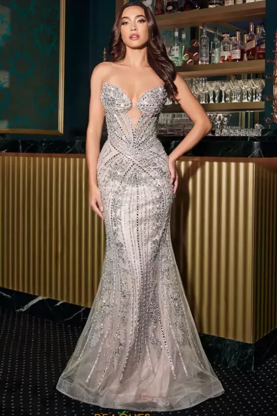 Fitted|Long Dresses^Ladivine by Cinderella La Divine by Cinderella CC2421 Silver-Nude