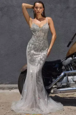 Fitted|Long Dresses^Ladivine by Cinderella La Divine by Cinderella CR383 Silver-Nude