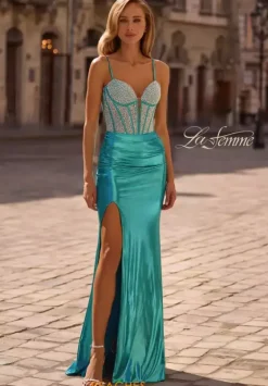Fitted|Long Dresses^La Femme 32732 Aqua