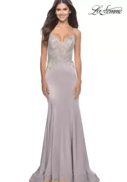 Fitted|Long Dresses^La Femme 31555 Silver