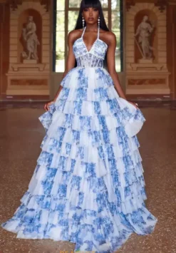 A Line|Plus Size^Alyce Long Halter Neckline Corset Dress 61730