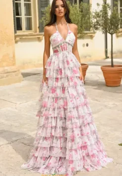 A Line|Plus Size^Alyce Long Halter Neckline Corset Dress 61730