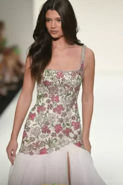 Pageant^Sherri Hill Mermaid Floral Print Dress 67175 Ivory/Pink/Ab/Peridot