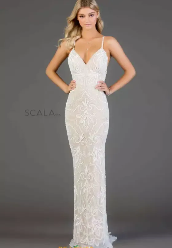 Long Homecoming Dresses|Fitted^Scala Dress 48557 Ivory/Nude