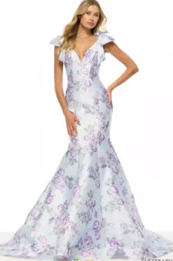 Mermaid|Fitted^Sherri Hill 57854 Light Blue/Lilac Print