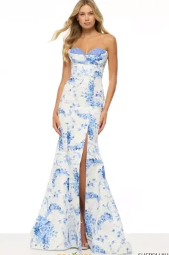 Mermaid|Fitted^Sherri Hill 57577 Ivory/Blue Print