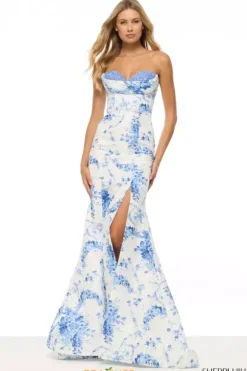 Mermaid|Fitted^Sherri Hill 57577 Ivory/Blue Print