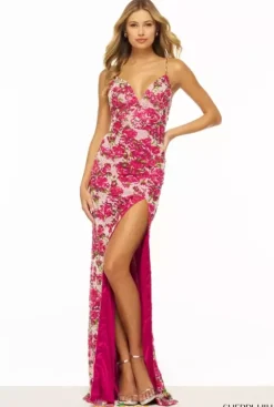Fitted|Long Dresses^Sherri Hill 56324 Ivory/Fuchsia Print