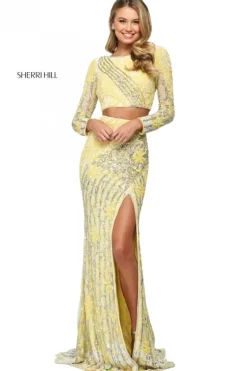 Long Sleeve Prom Dresses|Sexy^Sherri Hill 53916 Yellow/Ivory/Silver