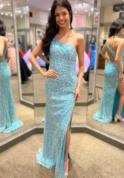 Fitted|Long Dresses^Blush Single Shoulder Sequins Dress 20510 Aqua