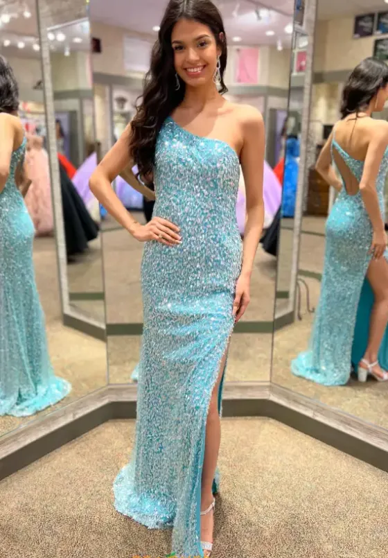Fitted|Long Dresses^Blush Single Shoulder Sequins Dress 20510 Aqua