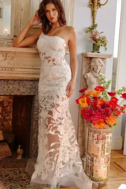 Sexy|Fitted^Jovani Single Shoulder Sequins Long Dress 02895 White