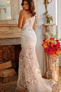 Sexy|Fitted^Jovani Single Shoulder Sequins Long Dress 02895 White