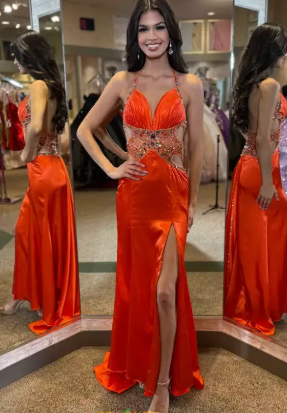 Long Homecoming Dresses|Long Dresses^Jasz Couture V Neck Satin Long Dress 4357 Orange