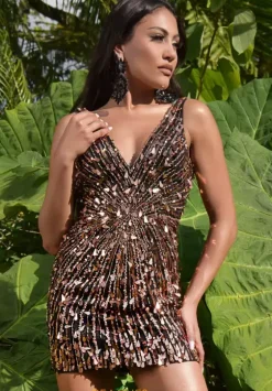 Short Homecoming Dresses|Quince Guest Dresses^Jasz Couture V Neck Sequins Short Dress 1706 Black/Copper