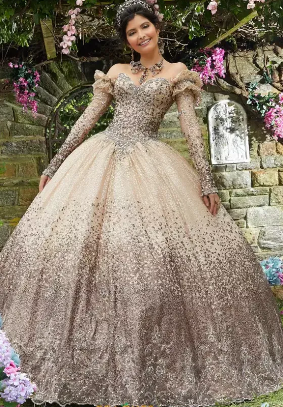 Quince Dresses With Sleeves|Plus Sized Quince Dresses^Vizcaya Quinceanera 89278 Gold/Bronze