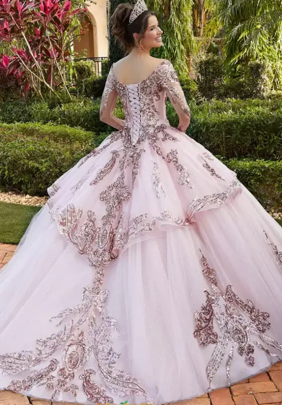 Quince Dresses With Sleeves|Plus Sized Quince Dresses^Vizcaya Quinceanera 60128 Blush/Rose Gold