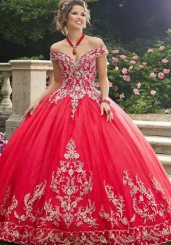 Plus Sized Quince Dresses|Sweet Sixteen^Vizcaya Quinceanera 89275 Scarlet/Gold