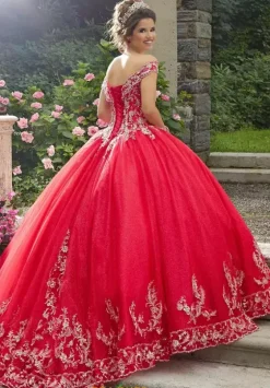 Plus Sized Quince Dresses|Sweet Sixteen^Vizcaya Quinceanera 89275 Scarlet/Gold