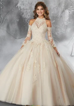 Quince Dresses With Sleeves|Plus Sized Quince Dresses^Vizcaya Quinceanera 89192 Champagne/Nude