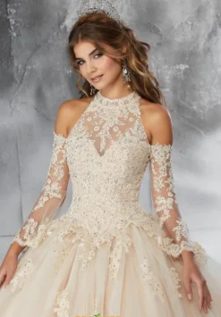 Quince Dresses With Sleeves|Plus Sized Quince Dresses^Vizcaya Quinceanera 89192 Champagne/Nude