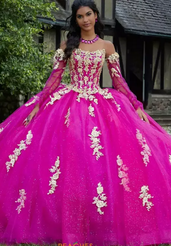 Sweet Sixteen|Quince Dresses With Sleeves^Vizcaya Quinceanera 89441 Magenta/Gold