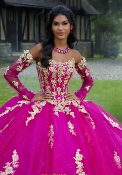 Sweet Sixteen|Quince Dresses With Sleeves^Vizcaya Quinceanera 89441 Magenta/Gold
