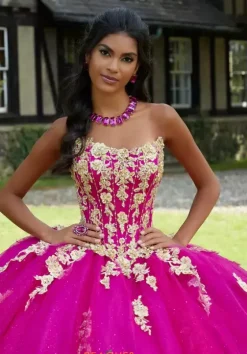 Sweet Sixteen|Quince Dresses With Sleeves^Vizcaya Quinceanera 89441 Magenta/Gold