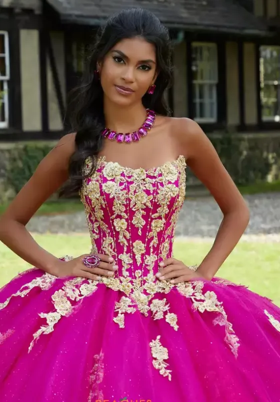 Sweet Sixteen|Quince Dresses With Sleeves^Vizcaya Quinceanera 89441 Magenta/Gold