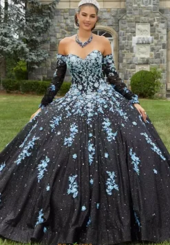 Quince Dresses With Sleeves|Plus Sized Quince Dresses^Vizcaya Quinceanera 89415 Black/Blue