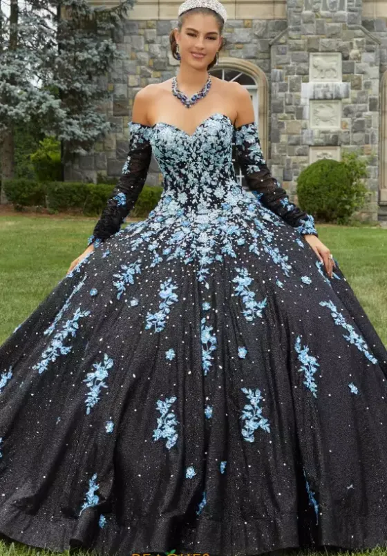 Quince Dresses With Sleeves|Plus Sized Quince Dresses^Vizcaya Quinceanera 89415 Black/Blue